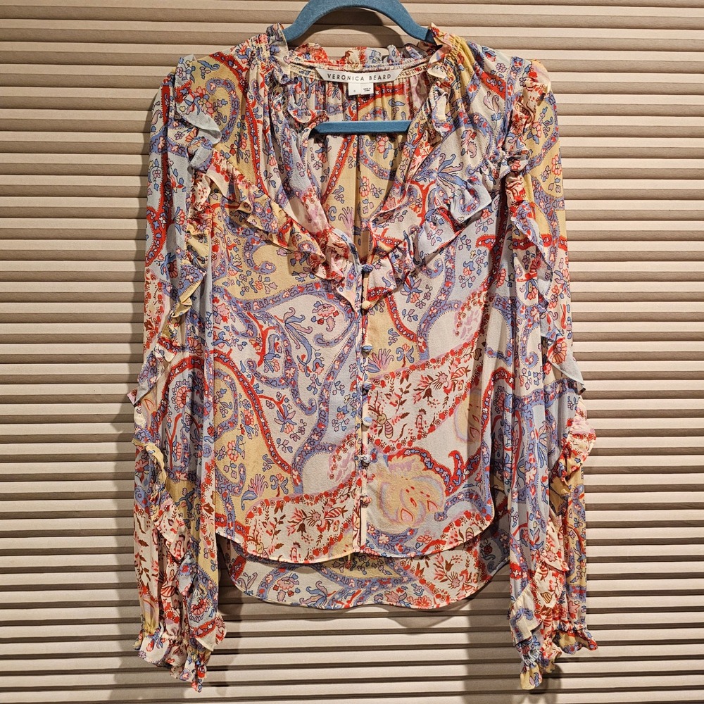 Veronica Beard Andri Silk Floral Paisley Ruffle Blouse Womens 6 Sheer Button-up